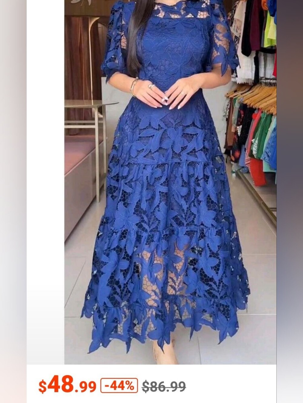 Elegant Navy Lace Maxi Dress with Puff Sleeves